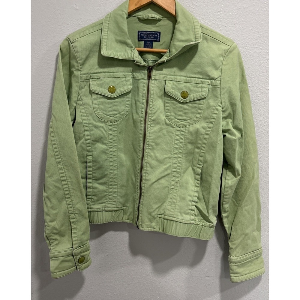 VTG American Eagle‎ Denim Jacket Large Lime Green Zip Front Long Sleeve Y2K